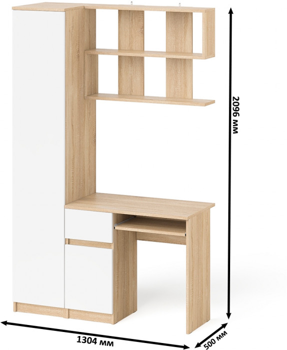 Мори компьютерный стол МС-1 левый + Пенал МШ400.1 + Полка 900, дуб сонома/белый