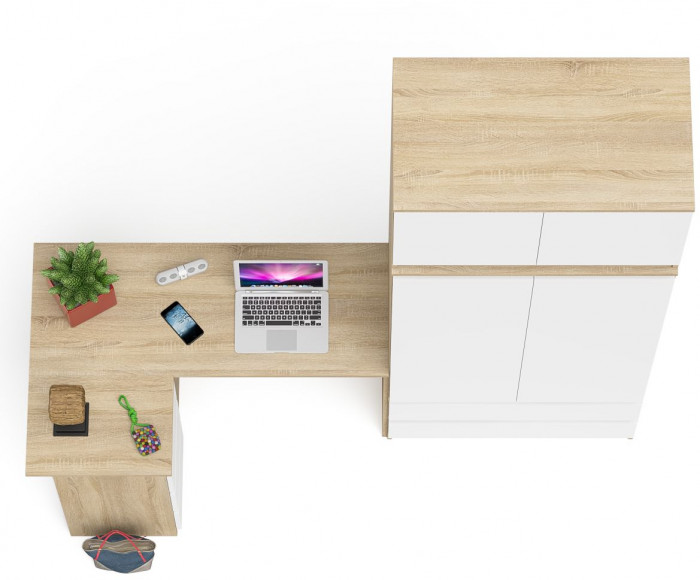 Мори компьютерный стол МС-16 левый + Шкаф МШ900.1 + Антресоль МА900.1, дуб сонома/белый