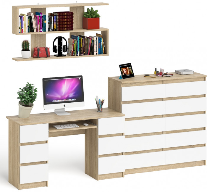 Мори компьютерный стол МС-2 + Комод МК1200.10 + Полка 1200, дуб сонома/белый