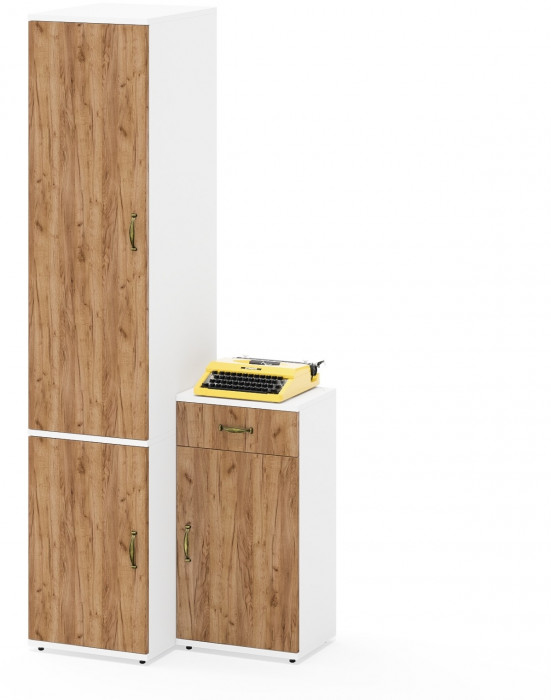 Лидер-8 Пенал МД 23Б + Тумба МД 3.15, цвет белый шагрень/крафт золото, ШхГхВ 80х50х190 см., универсальная сборка