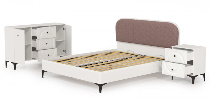 Валенсия Спальня № 04, цвет ЛДСП белый шагрень/МДФ белый шагрень/ткань велутто 19, ортопед есть, сп. м. 1600х2000 мм., б/м