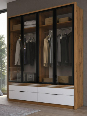 Шкаф-витрина 4-х створчатый с ящиками, Дуб вотан/Белый (Профиль МДФ Дуб вотан)