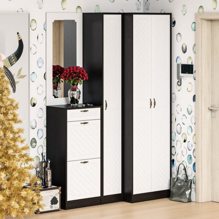 Прихожая П-6 Шкаф, венге/фасады МДФ белое дерево фрезеровка ромб