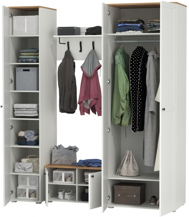 Остин Прихожая 43, цвет белый шагрень/дуб крафт золотой, ШхГхВ 200х54,3х229,6 см., универсальная сборка