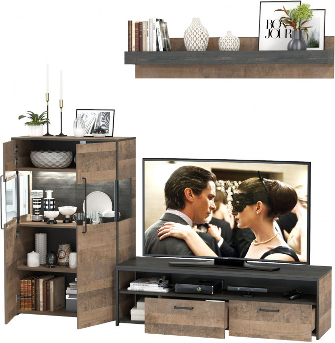 Трувор 13.70 Тумба под ТВ + 13.306 Комод с витриной + 15.60 Полка, дуб гранж песочный/интра