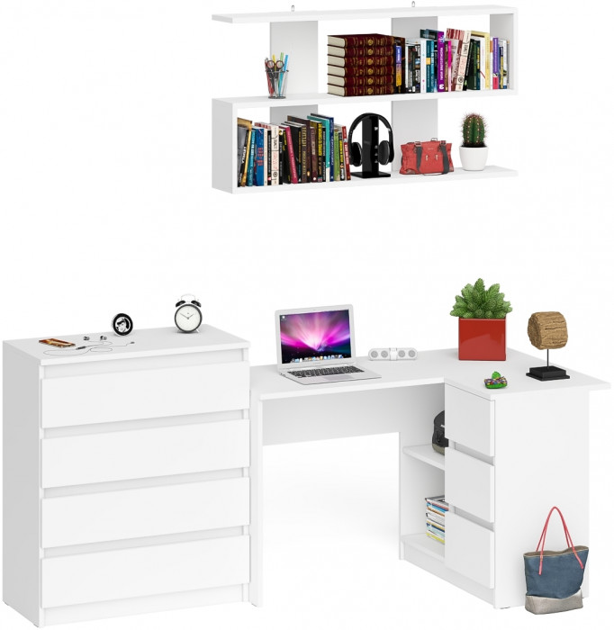 Мори компьютерный стол МС-16 правый + Комод МК800.4 + Полка 1200, белый