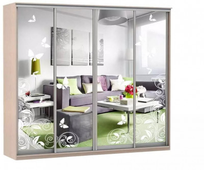 Шкаф купе Модерн 2362х450 4-х дверный 3-х секционный зеркальный с пескоструем №4 ясень