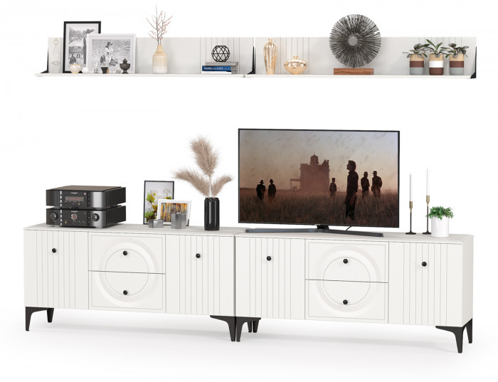 Валенсия Гостиная № 052, цвет ЛДСП белый шагрень/МДФ белый шагрень, ШхГхВ 266,2х38,3х180 см.