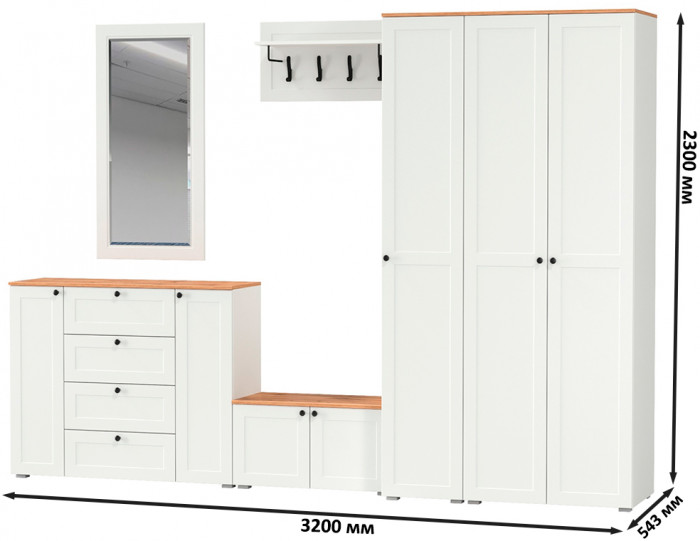 Остин Прихожая 55, цвет белый шагрень/дуб крафт золотой, ШхГхВ 320х54,3х229,6 см., универсальная сборка