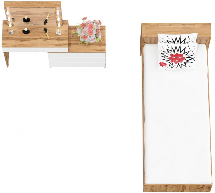 Ксения Кровать с ящиками 0900 + Стол косметический с подсветкой 110, дуб вотан/белый