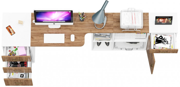 Лидер-8 Стол + Тумба МД 3.15 + Тумба МД 3.16, белый шагрень/крафт золото