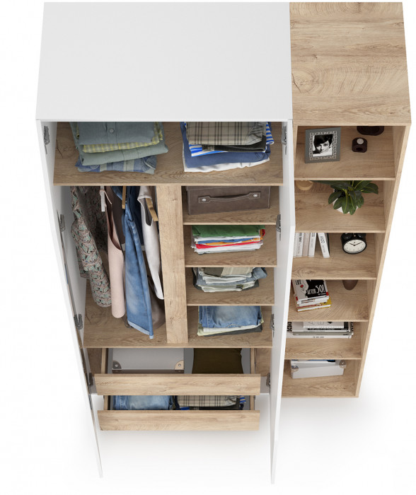 Муссон 13.198 Шкаф двухстворчатый + 13.349 Стеллаж, белый/дуб эндгрейн элегантный