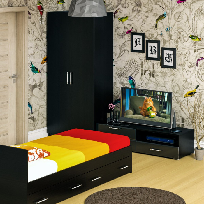 Спальня Стандарт 3-0900Я, венге/фасады ТВ тумбы МДФ чёрный глянец