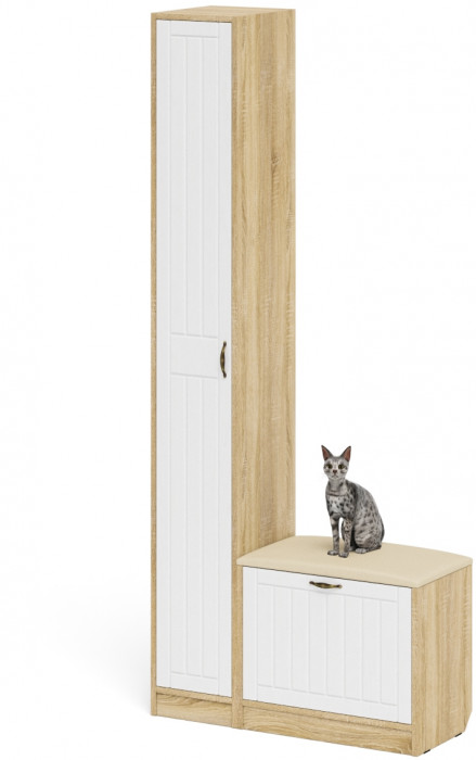 Прихожая П-6 Компоновка № 19, цвет дуб сонома/фасады МДФ белое дерево фрезеровка прованс, ШхГхВ 90х35х210 см., универсальная сборка