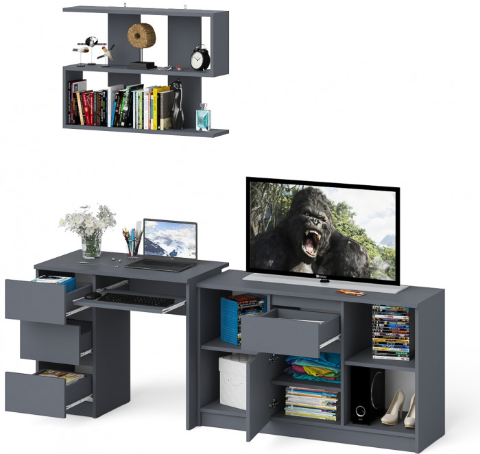 Мори компьютерный стол МС-6 левый + Тумба МТВ1204.1 + Полка 900, графит