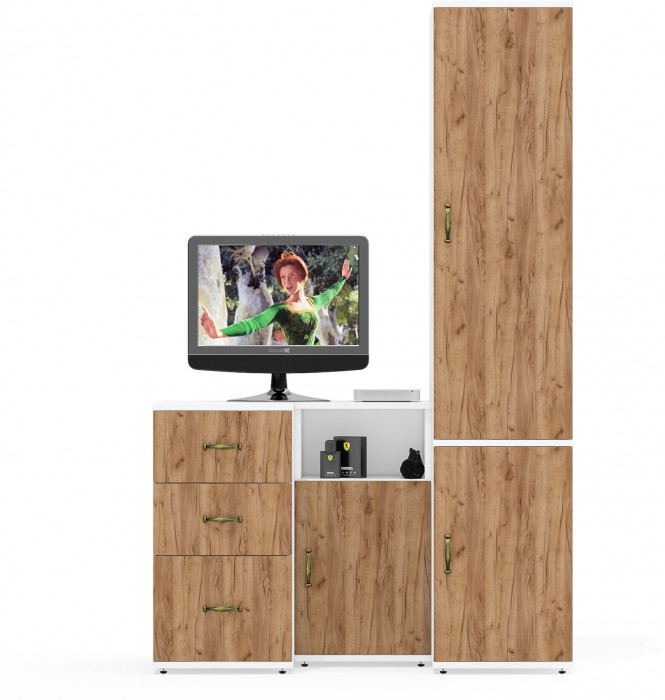 Лидер-8 Пенал МД 23Б + Тумба МД 3.16 + Тумба МД 3.19, цвет белый шагрень/крафт золото, ШхГхВ 120х50х190 см., универсальная сборка