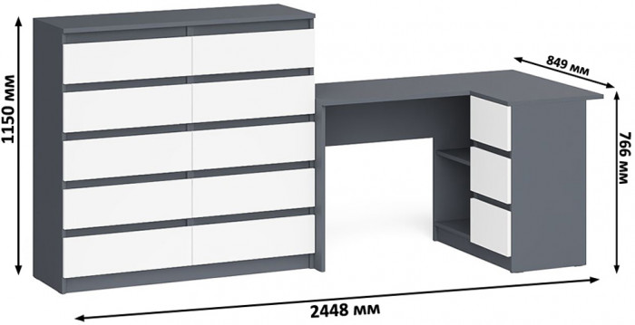 Мори Стол компьютерный МС-16 правый + Комод МК1200.10, цвет графит/белый, ШхГхВ 244,8х84,9х115 см., выдвижные ящики справа, НЕ универсальная сборка