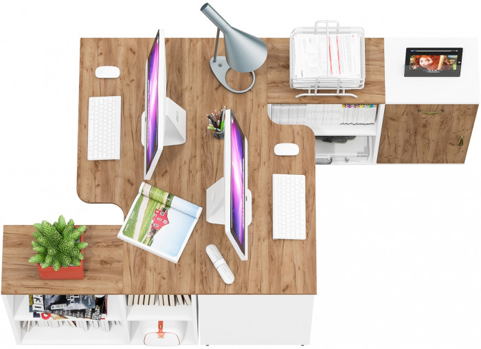 Лидер-8 Стол + Стол + Тумба МД 3.15, цвет белый шагрень/крафт золото, ШхГхВ 370х50/30х75 см. или 230х50/120х75 см., НЕ универсальная сборка