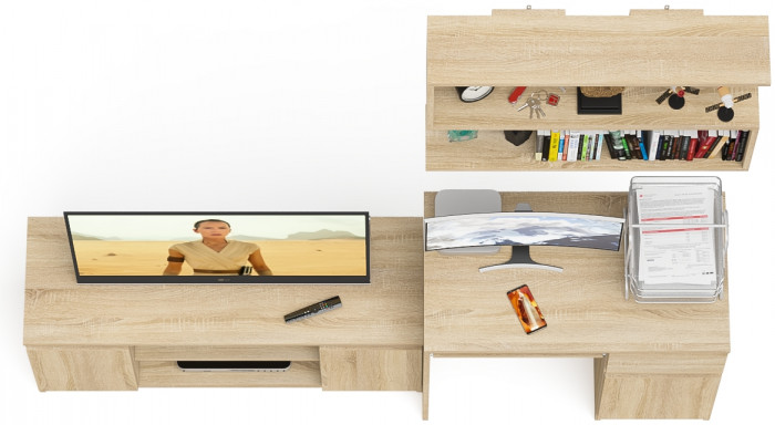 Мори Стол компьютерный МС-1 правый + Тумба МТВ1200.1 + Полка 900, цвет дуб сонома, ШхГхВ 210,4х50х209,6 см., НЕ универсальная сборка