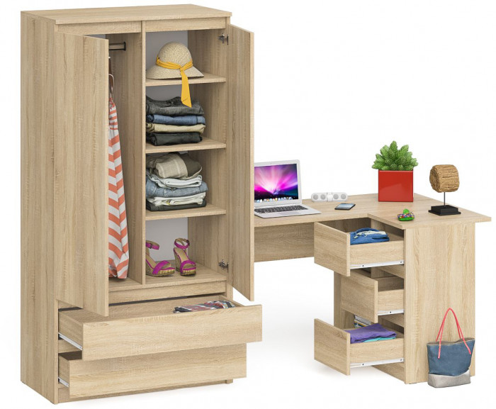 Мори Стол компьютерный МС-16 правый + Шкаф МШ900.1, цвет дуб сонома, ШхГхВ 214,8х84,9х179,6 см., выдвижные ящики справа, НЕ универсальная сборка