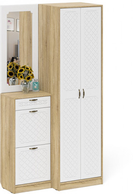 Прихожая П-6 Компоновка № 17, дуб сонома/фасады МДФ белое дерево фрезеровка ромб