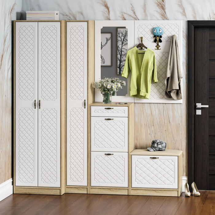Прихожая П-6 Шкаф, дуб сонома/фасады МДФ белое дерево фрезеровка ромб
