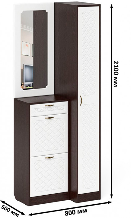 Прихожая П-6 Компоновка № 43, цвет венге/фасады МДФ белое дерево фрезеровка ромб, ШхГхВ 80х50х210 см., универсальная сборка