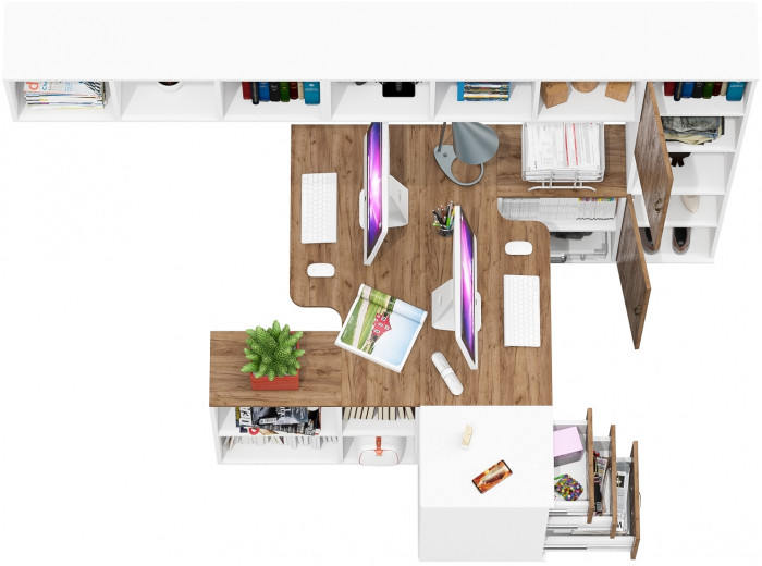 Лидер-8 Стол + Полка + Стол + Полка + Пенал + Тумба МД 3.16, белый шагрень/крафт золото