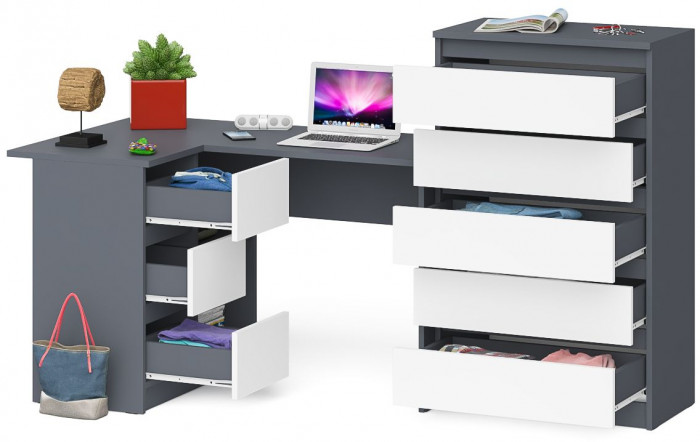 Мори компьютерный стол МС-16 левый + Комод МК700.5, графит/белый