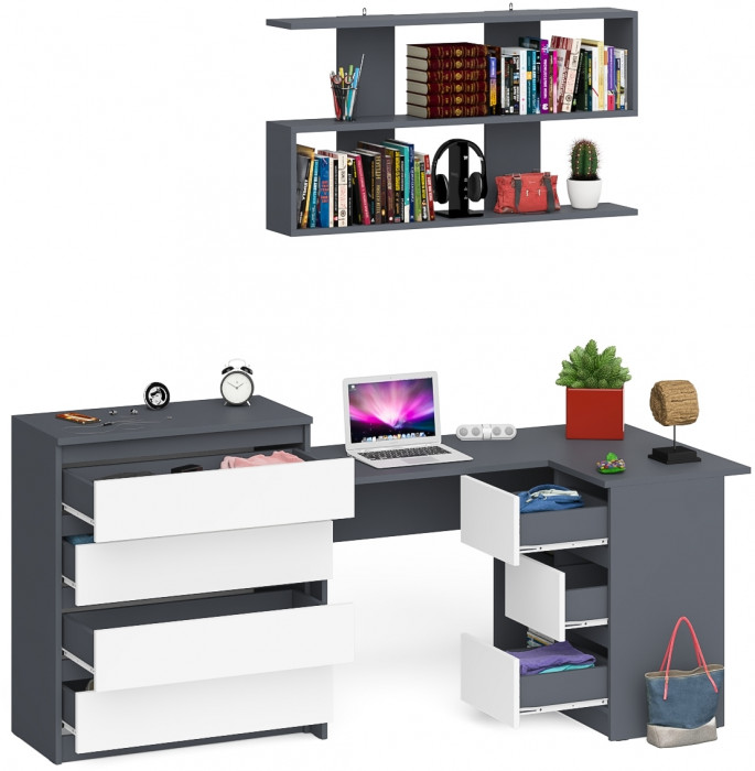 Мори компьютерный стол МС-16 правый + Комод МК800.4 + Полка 1200, графит/белый