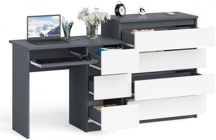 Мори компьютерный стол МС-6 правый + Комод МК800.4, графит/белый