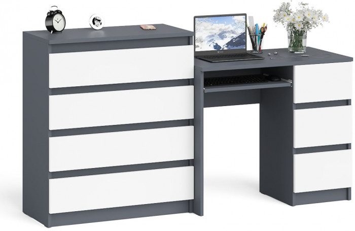 Мори компьютерный стол МС-6 правый + Комод МК800.4, графит/белый