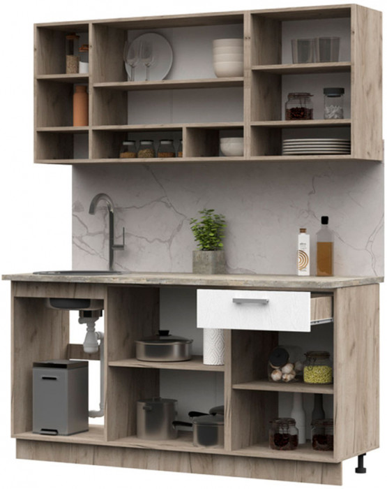 Кухня Рица 1,6 крафт серый/белый текстура