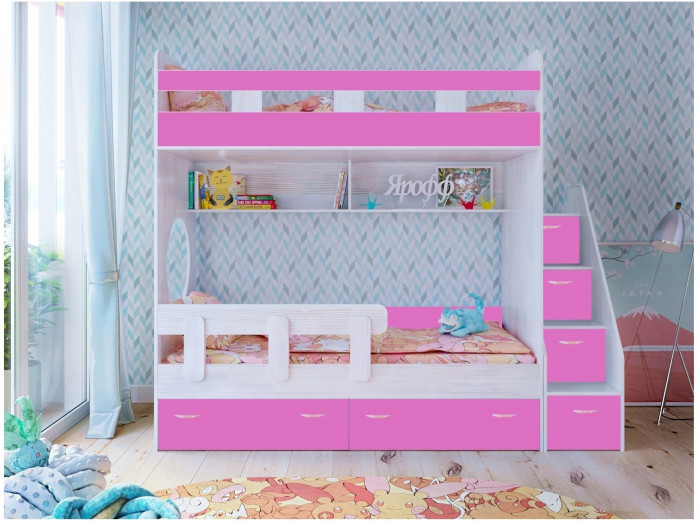 Двухъярусная кровать Юниор 1 + бортик Юниор (Белое дерево/Лайм / Ирис)