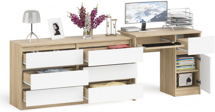 Мори Стол компьютерный МС-1 правый + Комод МК1380.6, цвет дуб сонома/белый, ШхГхВ 228х50х76,6 см., выдвижной ящик справа, НЕ универсальная сборка