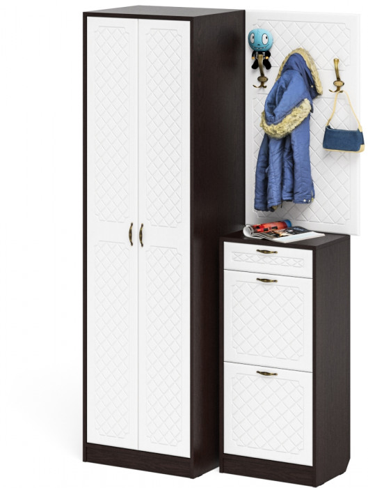 Прихожая П-6 Компоновка № 18, цвет венге/фасады МДФ белое дерево фрезеровка ромб, ШхГхВ 120х50х210 см., универсальная сборка