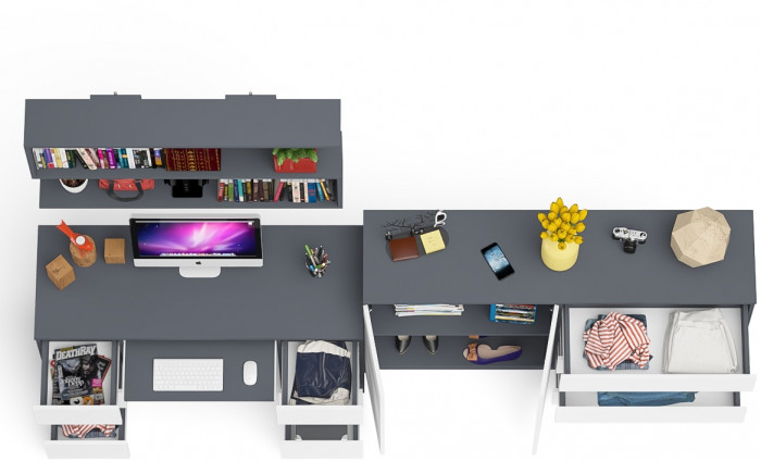 Мори компьютерный стол МС-2 + Комод МК1600.1 + Полка 1200, графит/белый