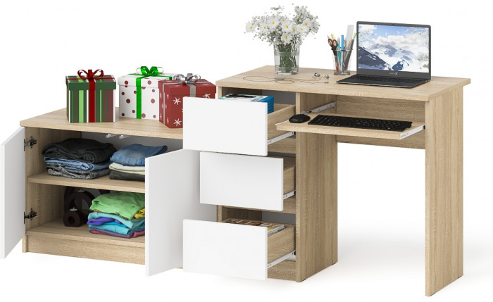 Мори Стол компьютерный МС-6 левый + Тумба МА900.1, цвет дуб сонома/белый, ШхГхВ 180,4х50,4х76,6 см., выдвижные ящики слева, НЕ универсальная сборка