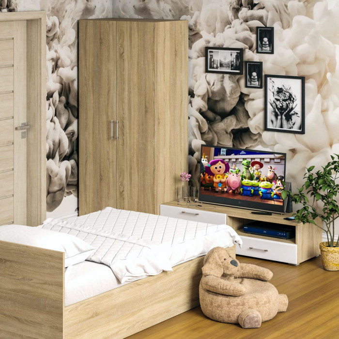 Спальня Стандарт 3-1200, дуб сонома/фасады ТВ тумбы МДФ белый глянец