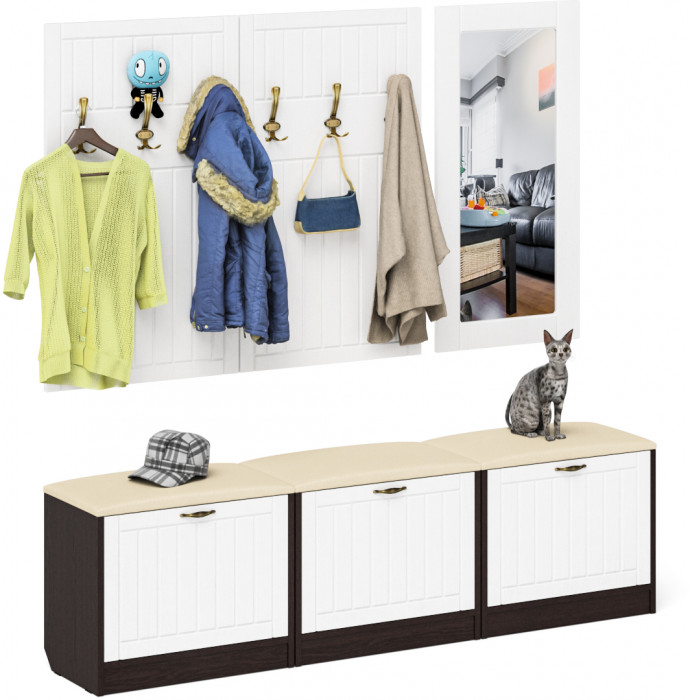 Прихожая П-6 Компоновка № 03, цвет венге/фасады МДФ белое дерево фрезеровка прованс, ШхГхВ 180х35х200 см., универсальная сборка