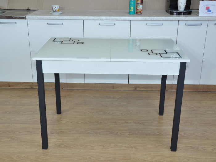 Альфа фотопечать стол обеденный раздвижной / квадраты на белом/бетон белый/черный