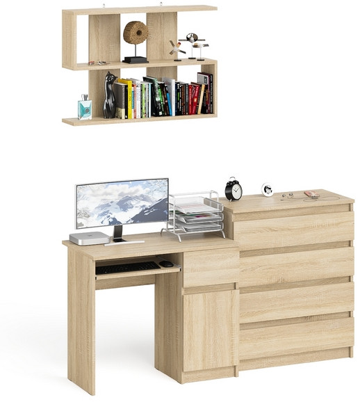 Мори компьютерный стол МС-1 правый + Комод МК800.4 + Полка 900, дуб сонома