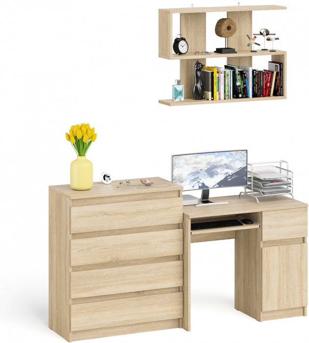 Мори компьютерный стол МС-1 правый + Комод МК800.4 + Полка 900, дуб сонома