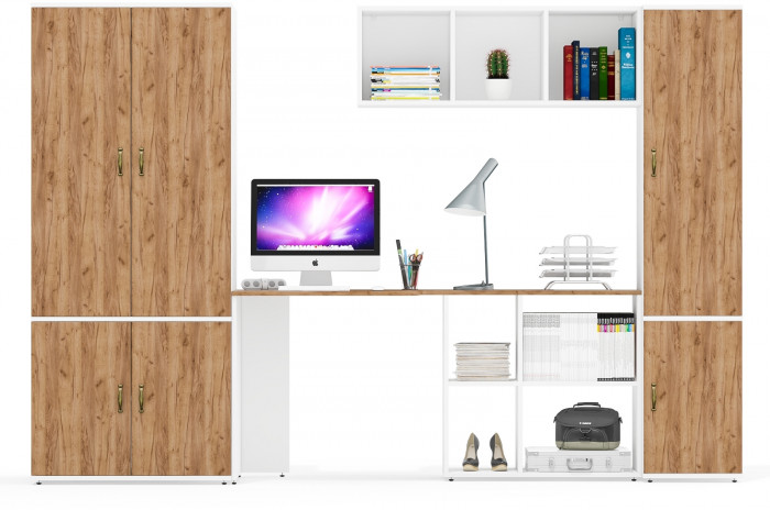 Лидер-8 Шкаф МД 19Б + Стол + Полка + Пенал 22Б, цвет белый шагрень/крафт золото, ШхГхВ 285х50/37,5х75/190 или 195х120х75/190 см., НЕ ун.сб.