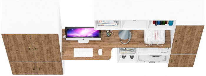 Лидер-8 Шкаф МД 19Б + Стол + Полка + Пенал 22Б, цвет белый шагрень/крафт золото, ШхГхВ 285х50/37,5х75/190 или 195х120х75/190 см., НЕ ун.сб.