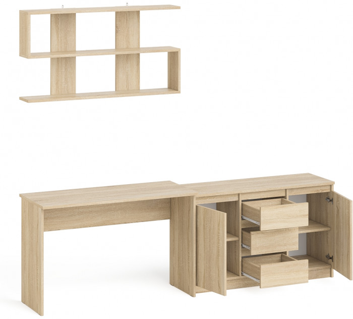 Мори Стол письменный МСП1200.1 + Комод МК1200.3 + Полка 1200, цвет дуб сонома, ШхГхВ 240,8х50х209,6 см., универсальная сборка