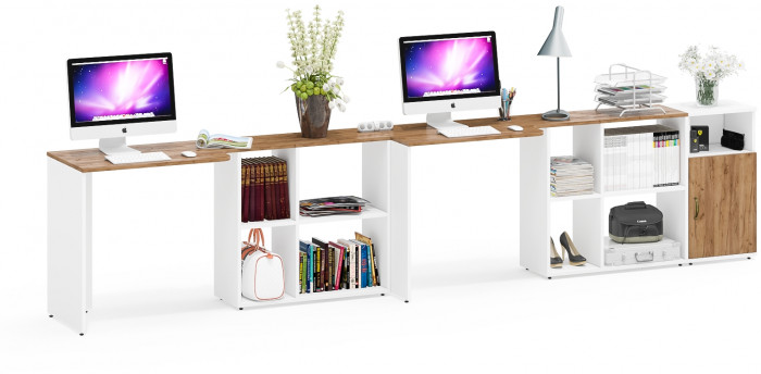 Лидер-8 Стол + Стол + Тумба МД 3.19, цвет белый шагрень/крафт золото, ШхГхВ 370х50/30х75 см. или 230х50/120х75 см., НЕ универсальная сборка