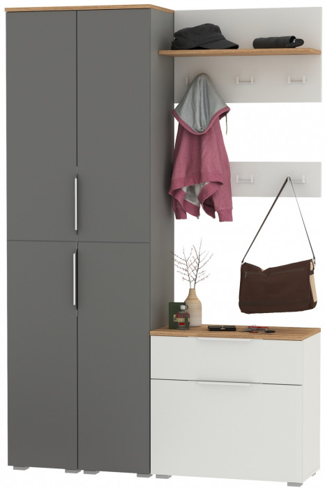 Октава Прихожая 51, белый шагрень/серый графит/дуб крафт золотой/фасады МДФ белый шагрень/серый графит