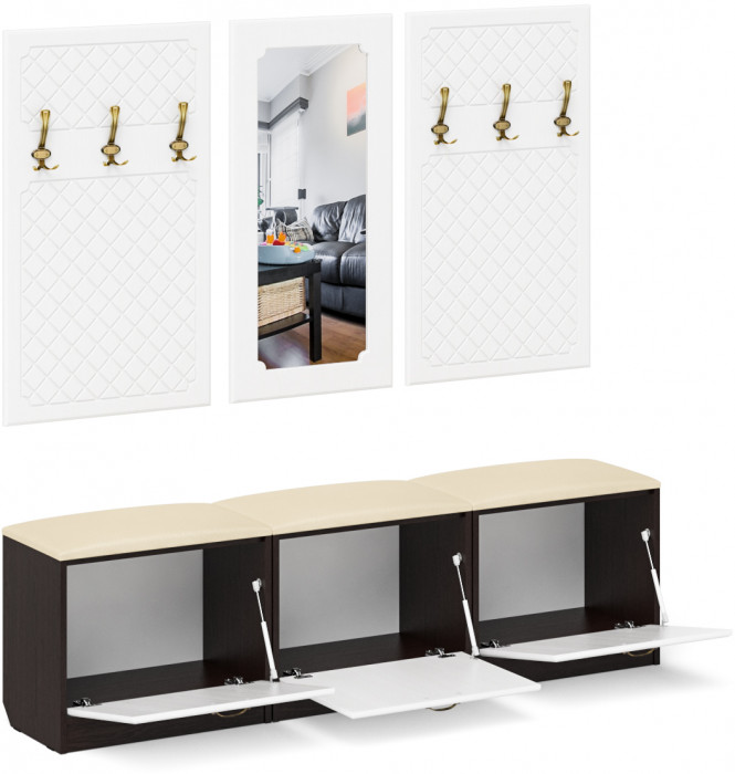 Прихожая П-6 Компоновка № 03, цвет венге/фасады МДФ белое дерево фрезеровка ромб, ШхГхВ 180х35х200 см., универсальная сборка