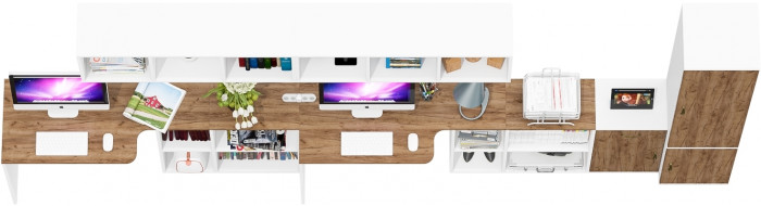 Лидер-8 Стол + Полка + Стол + Полка + Пенал МД 21Б + Тумба МД 3.15, белый шагрень/крафт золото